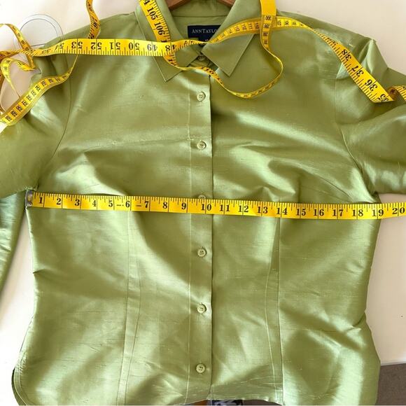 Ann Taylor Apple Green Raw Silk Blouse, 3/4 Sleeves, Button Up, Women's Size 10 - Picture 5 of 7